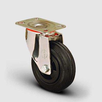 SSEM01MKR80 Paslanmaz Döner Tablalı Kauçuk Tekerlek Çap:80 Inox Hafif Sanayi Tekerleği Burçlu Oynak Tabla Bağlantılı