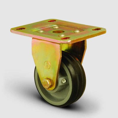 ED02VKR125 Sabit Maşalı Döküm Üzeri Kauçuk Kaplı Tekerlek Çap:125 Ağır Sanayi Tekerleği Sarı Maşa Sabit Tabla Bağlantılı Burçlu